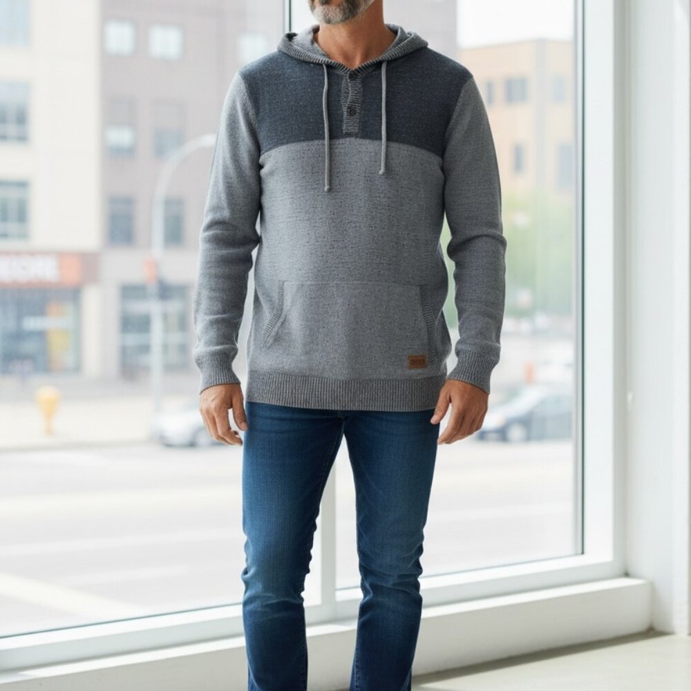 Dravus Sweater Mens M Gray Knit Pullover Hoodie Kangaroo‎ Pocket Minimalist